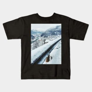 Scandinavian Winter - Fresh-Fallen Snow on Guardrail With White Valley in Background Kids T-Shirt